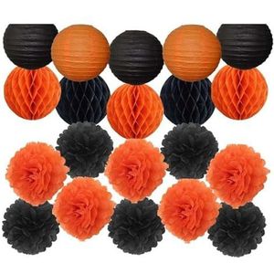 Papieren Lantaarns Decoraties, Kinderen Zeemeermin Feest Gunst Paars Mint Set Ronde Papieren Lantaarn 6"" 12"" Doop 18e Verjaardag Bruiloft Valentijnsdecoratie Pompom(Black Orange Set,6inch(about 15cm)