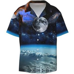 OdDdot Space Planet Print Button Down Shirt voor heren, korte mouwen, casual shirt voor heren, zomer, zakelijk, casual overhemd, Zwart, 4XL