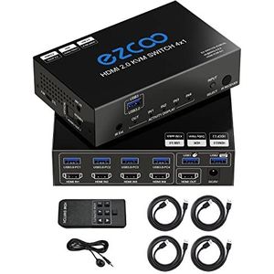 4-poorts USB KVM-schakelaar USB3.0 4 in 4 uit SPDIF 5.1 Audio Breakout - Muis/toetsenbord/Draadloze USB voor PC, Printer, Scanner, Windows, Linux, 4K 60Hz HDR HDMI Auto Switch 4x1, IR Remote KVM 4X1