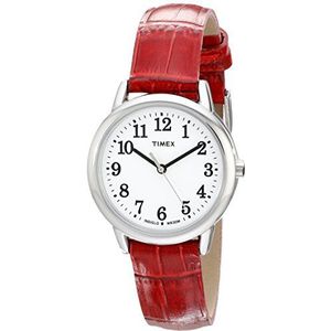 Timex Dames Easy Reader lederen band 30mm horloge, Rood/Zilver-Toon/Wit/30mm, 30 mm, Gemakkelijk Reader Horloge