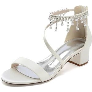 KYEGLO Dames Sandalen Met Open Teen, Dikke Zool, Parel En Strass Steentjes, Enkelbandje, Comfortabele Satijnen Bruidsschoenen Met Rits - Zomerkleding & Bruidsschoenen,ivoor,36