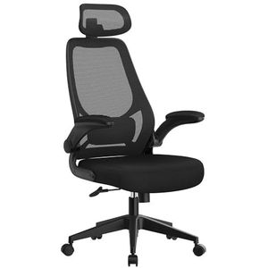 SONGMICS Bureaustoel, ergonomische stoel, draaibare zitting, verstelbare armleuningen en hoofdsteun, van ademende stof, in hoogte verstelbaar, zwart OBN087B01