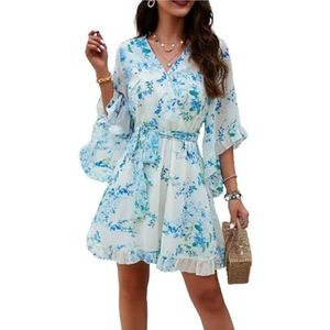 CupitiDU Dames Boho Bloemen Gedrukt Chiffon Jurken, Casual Zomer V-hals Chiffon Lange Boerenmouwen Vloeiende Orset Jurk, Wit, XL