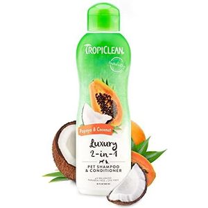 TropiClean Shampoo voor huisdieren, luxe 2-in-1, reinigt, hydrateert, verzorgt huid en vacht, voor honden en katten, parabenen, kleurstof en zeepvrij, papaya en kokosnoot, 592 ml