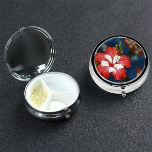 Hawaii Bloem Rode Pillendoos 3 Compartimenten, Kleine Pillendoos voor Portemonnee & Zak, Metalen Pillenetui met Spiegel, Reizen Dagelijkse Pillenorganizer, Draagbare Medicijnen Vitamine Houder Uniek