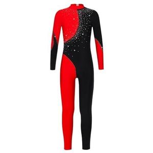 NUOYIXUAN Gymnastiekpak voor jongeren, gymnastiekpakje voor schaatsen met strass-steentjes, lange mouwen, voor meisjes, balletdanspanty (zwart, rood, 10)