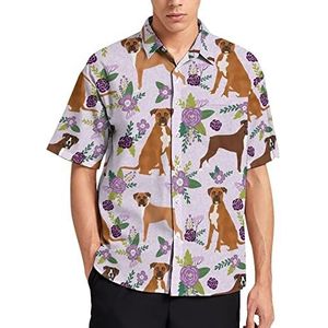 Mooie Boxer Huisdier Hond En Bloemen Hawaiiaanse Shirt Voor Mannen Zomer Strand Casual Korte Mouw Button Down Shirts met Pocket