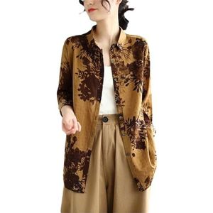Dvbfufv Dames vintage klassieke knop omgeslagen kraag afdrukken vest blouses dames mode dun shirt, Geel, S
