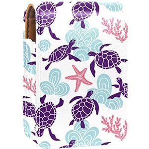 Lippenstift Hoesje met Spiegel Paars Zeeschildpadden Marine Koraal Zeester Lip Gloss Houder Draagbare Lippenstift Opbergdoos Reizen Make-up Tas Mini Lederen Cosmetische Pouch Houdt 3 Lippenstift