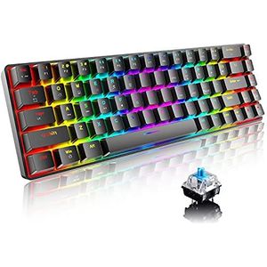 T8 Opgewaardeerd 60% mechanisch gamingtoetsenbord Compact Type C bedraad 68 toetsen LED-backlit USB waterdicht toetsenbord 18 Chroma RGB-achtergrondverlichting Volledige anti-ghosting-toetsen voor gamers en typisten (zwart / blauwe schakelaar)