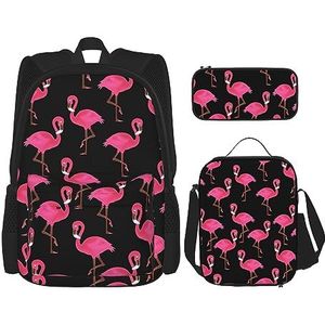Mooie Roze Flamingo's Grote Capaciteit Rugzak Lunch Tas Pen Pouch 3 Stuk Set voor Kantoor Reizen Camping Unisex, Zwart, Eén maat