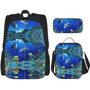 TyEdee School Bag Set: Rugzak met Lunchbox, Pencil Case - Stijlvolle Duurzame School Rugzak Set -Engeland Symbolen, Onderwater Wereld Vis Dolphi, Eén maat, Schooltas Set