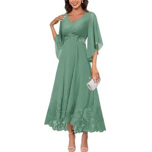 KURFACE Jurken voor dames, V-hals, moeder van de bruid met mouwen, kanten applicatie, chiffon, formele avondjurk, Eucalyptus, 32