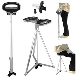 Plogging Draagbare wandelstok met stoel, opvouwbaar, lichtgewicht wandelstok met zitting, stevige statiefstoel voor mannen en vrouwen met reistas, wandelstok met stoel voor senioren, volwassenen