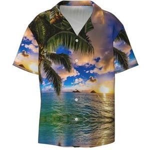 Tropische Hawaii Palmboom Oceaan Zee Zonsondergang Print Heren Korte Mouw Jurk Shirts met Zak Casual Button Down Shirts Business Shirt, Zwart, M