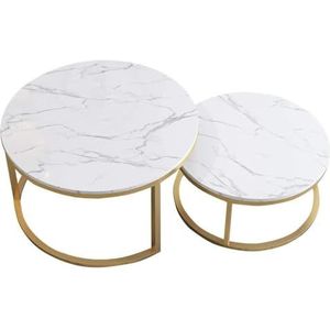 JLVAWIN Salontafel Set van 2 ronde marmeren tafels met metalen frame als nesttafel/koffietafel/bijzettafel/banktafel/middentafels voor woonkamer, witte nachtkastjes (maat: 80 cm+65 cm)