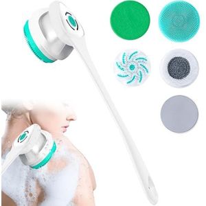 Elektrische lichaamsborstel, badborstel, rugborstel met 5 opzetstukken: rugborstel met lange steel, IP67 waterdicht, 3 snelheden, spin, reinigingsborstel voor spa, douche, peeling, massageborstel