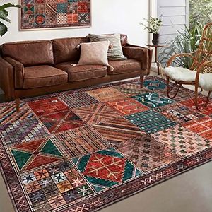 Vloerkleden Woonkamer Groot 160 x 230 cm, Zacht Laagpolig Tapijt Slaapkamer, Vintage Traditioneel Patchwork Veelkleurige rood, bruin, donkergroen, oranje, blauw, geel,