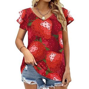 Red Sweet Strawberry Dames Casual Tuniek Tops Ruches Korte Mouw T-shirts V-hals Blouse Tee