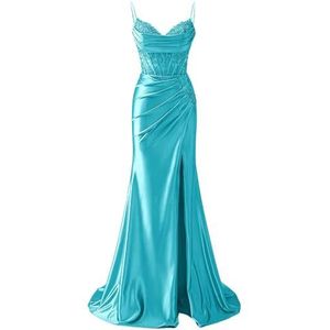 YIANN Satijnen baljurk met spaghettibandjes voor dames, met split, kant, applicatie, zeemeermin, lange baljurk, formele jurk, Turkoois, 58/Meer