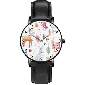 Aquarel Bunny Herten Slak Uil Lente Paddestoelen Horloges Persoonlijkheid Business Casual Horloges Mannen Vrouwen Quartz Analoge Horloges, Zwart