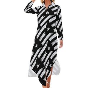 Maxi-jurk met vlag van Puerto Rico met lange mouwen, knoopsluiting, casual feestjurk, lange jurk, XL
