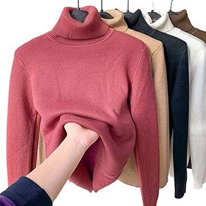 Winter Fleece Thick Knitted Bottoming Shirt, Womens Turtleneck Sweaters Soft Thermal Underwear Tops (Color : Rose red, Size : S)
