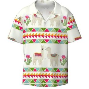TyEdee Lama- en cactusprint herenoverhemden met korte mouwen en zak, casual overhemd met knopen, zakelijk overhemd, Zwart, 4XL