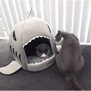 BADASS SHARKS Hai-motief hondenhok, hondenmand, kattenbed met kussen, hondenhuis, huisdier, slaapzak voor binnen, wasbaar, huis & sofa 42 cm (grijs-50 cm)