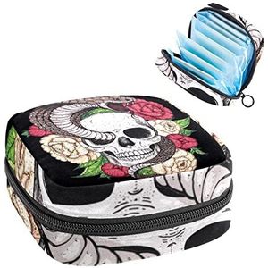 rose schedel slang,Periode Pouch Draagbaar,Tampon Opbergtas,Tampon Houder voor Portemonnee Vrouwelijke Product Organizer, Meerkleurig, 4.7x6.6x6.6 in/12x17x17 cm