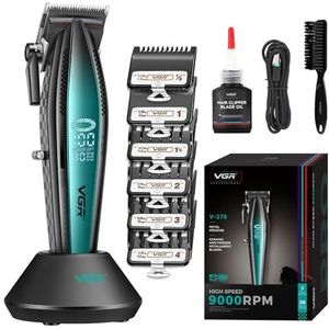 VGR 270 Professionele Tondeuse Mannen, Draadloze Tondeuse met 9000 RPM, Keramisch Mes, Stil, LED Display, USB Basis & 6 Opzetkammen