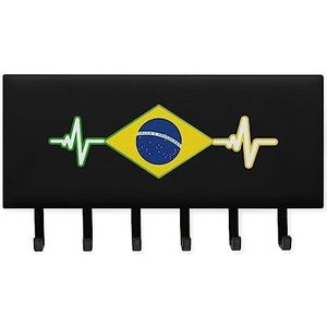 Brazilië Vlag Heart Beat Sleutelhangers met 6 Haken Grote Wandmontage Sleutelhouder voor Entryway