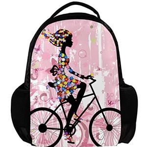 Rugzak voor vrouwen en man, School reizen werk Rugzak Bloemenmeisje op fiets Roze Vlinders, Meerkleurig, 27.5x13x40cm, Rugzak Rugzakken