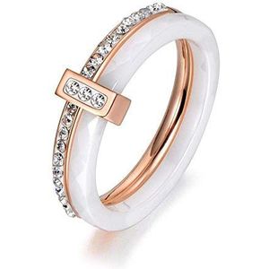 Hanger Elegante ringen 2-laags zwart/wit keramische kristallen ring Rose/platina kleur roestvrijstalen ring, maat: 9 (maat: 9)