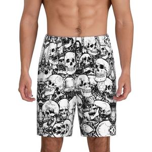 Heren zwart-wit schedels patroon print lounge shorts pyjama bodems nachtkleding shorts kerst shorts losse sportbroek, Zwart, XL