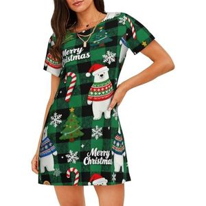 Zelinge Nachtjapon met korte mouwen voor dames, nachthemd, pyjama, comfortabele loungewear, S-3XL, Kerst Plaid Leuke Beer, S
