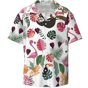 TyEdee Luiaard in roze tropische bladprint heren korte mouwen overhemden met zak casual button down overhemden business overhemd, Zwart, 4XL