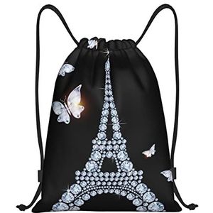 AMACAY Eiffeltoren Trekkoord Gym Rugzak Voor Mannen Vrouwen Waterdichte String Bag Reizen Wandelen Sackpack, Zwart, Medium, Reisrugzakken