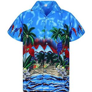 V.H.O. Funky Hawaii hemd voor heren, korte mouwen, borstzak, Hawaii-print met papegaai strand, bloemen, palmen., 5XL