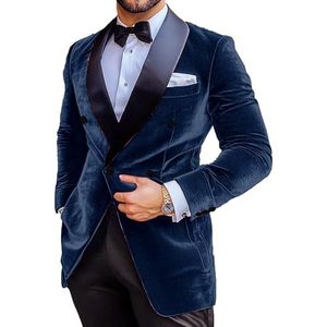 Heren fluwelen pak blazer slim fit kerst jas prom smoking jas inkeping revers bruiloft feest gekleed, marineblauw, XS