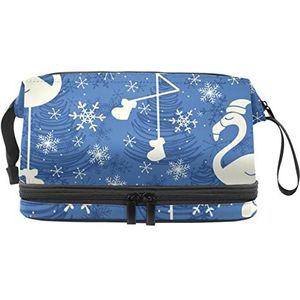 Multifunctionele opslag Travel Cosmetische tas met handvat,Flamingo met kersthoed sneeuwvlokken blauw,Grote capaciteit reizen cosmetische tas, Meerkleurig, 27x15x14 cm/10.6x5.9x5.5 in
