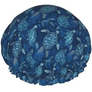 Zeeschildpad blauwe print douchemuts,Nachtmutsje dubbellaags waterdichte elastische badmuts herbruikbare badmuts