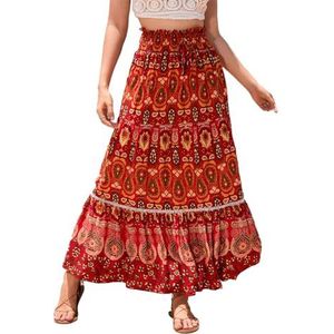 EMOTTOS Boheemse maxi-rok voor dames, renaissance, A-lijn, lange rok, elastische taille, hoge taille, plooirok, boho, zigeuner, etnische stijl, voor zomer, lente, vakantie, uitgaan, blauw/rood, S-XL,
