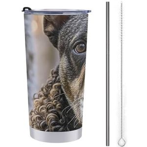 AQRJLPM Franse poedel autobeker van roestvrij staal, beker van 20 oz met rietje en deksels, lekvrij, geïsoleerde roestvrijstalen reiskoffiemok pobtable voor koude warme dranken op de camping