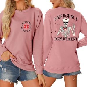 MLZHAN Spoedeisende Afdeling In Front Print Vrouwen Halloween Sweatshirts Grappige Skelet Verpleegster Hoed Cup De Terug Print Shirt, Roségoud, S