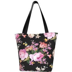 BeNtli Schoudertas, canvas draagtas grote tas vrouwen casual handtas herbruikbare boodschappentassen, roze rozen vintage op natuur roos, zoals afgebeeld, Eén maat