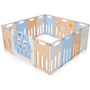 Baby Vivo Baby Box Tweelingbox Opvouwbaar Kruipbox Krabbelpark Speelbox Veiligheidshek voor kinderen Kunststof met deur en speelgoed 14 elementen in Blauw en Beige - Luna