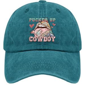 OOWK Papa Hoeden Pucker Up Cowboy Trucker Caps voor Vrouwen Mode Gewassen Katoen Verstelbaar voor Jogging Geschenken, Cyaan Blauw, one size