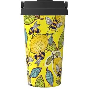 EdWal Gele koffiemok met citroen- en bijenprint, 500 ml, geïsoleerde campingmok met deksel, reisbeker, geweldig voor elke drank