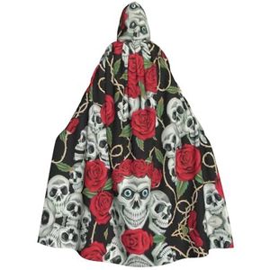 WURTON Schedel En Rode Roos Print Hooded Mantel Unisex Volwassen Mantel Halloween Kerst Hooded Cape Voor Vrouwen Mannen